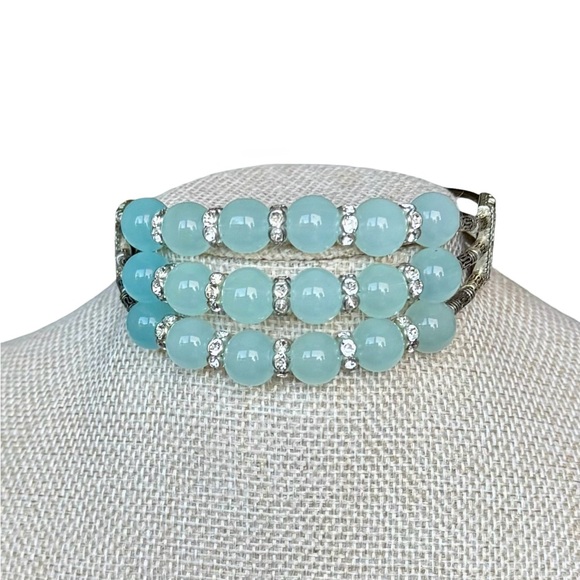 Triple Strand Aqua Bead Bracelet with Rhinestone Spacers and Silver-Tone Accents - Picture 4 of 10